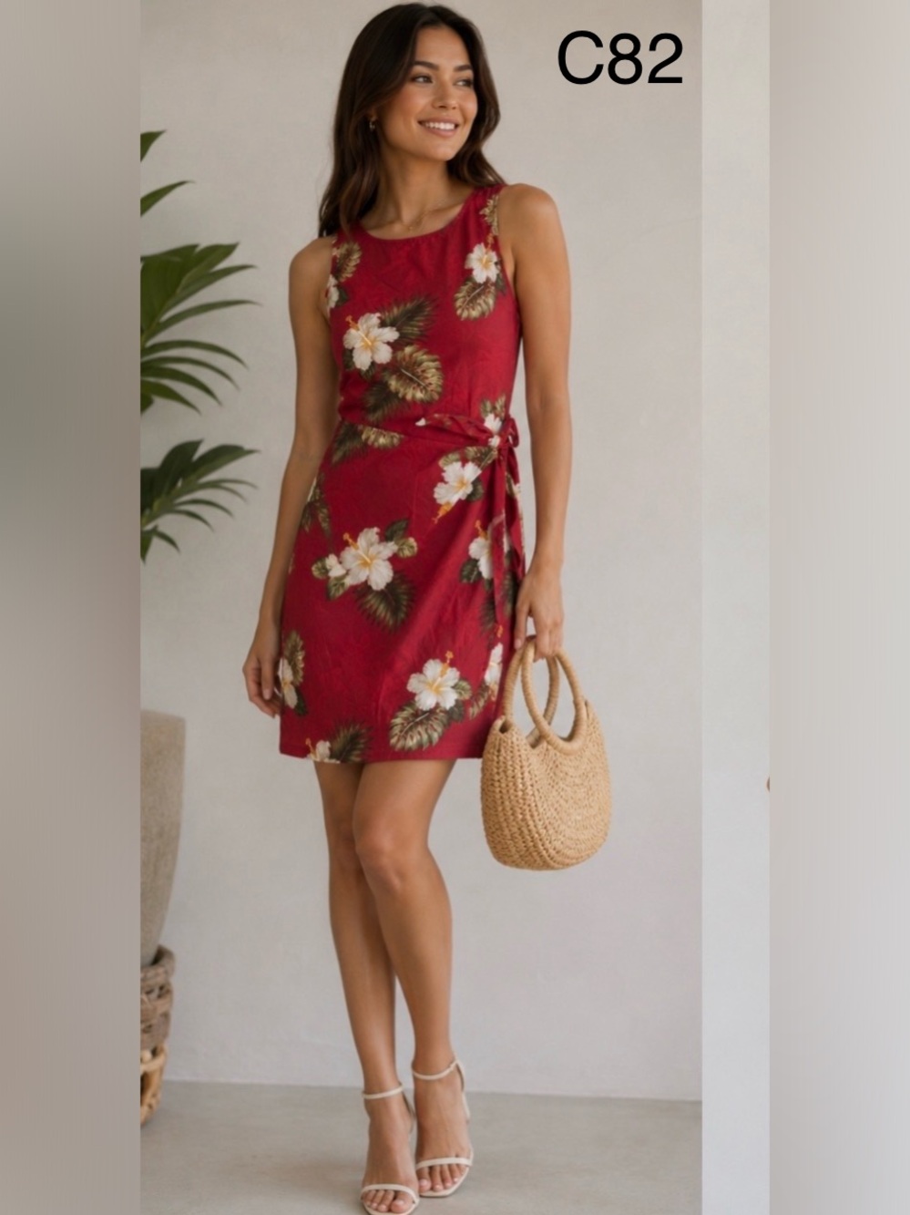Pacific Legend Apparel Floral Tie-Detail Sleeveless Mini Dress in Red,Size Large - Picture 1 of 8
